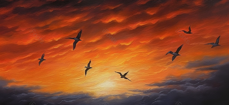 油画风哥火山云晚霞时分广阔的天空中一行飞鸟飞过背景插画,插画/手绘图,插画/手绘图库,插画/手绘图下载,插画/手绘